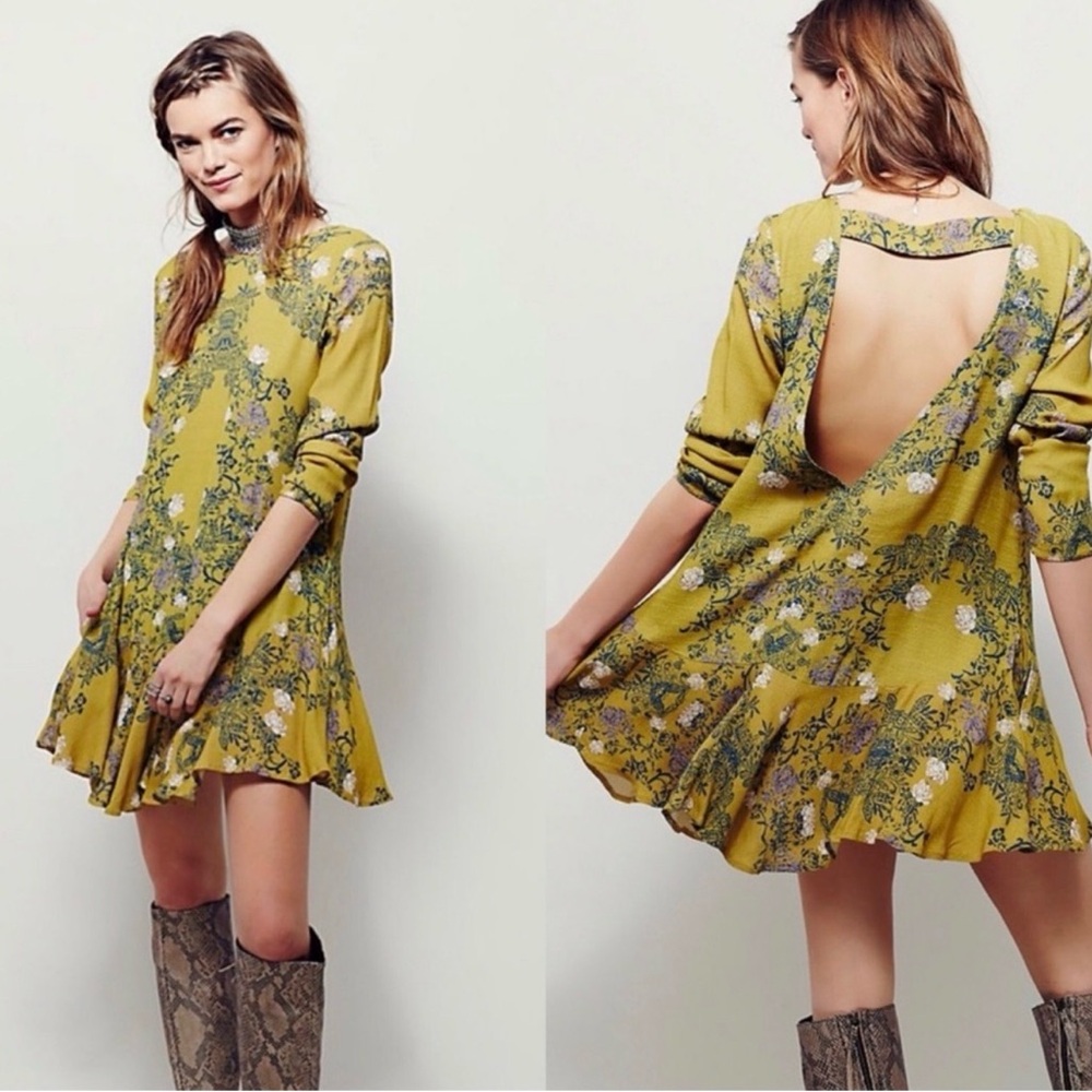 Free People Yellow Floral Open-Back Ruffle Mini Dress